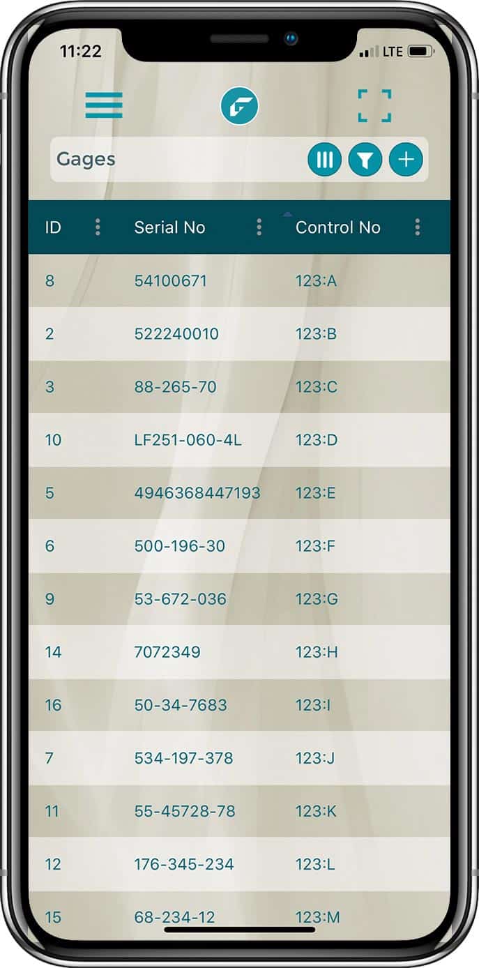 Screenshot of active gages on mobile app